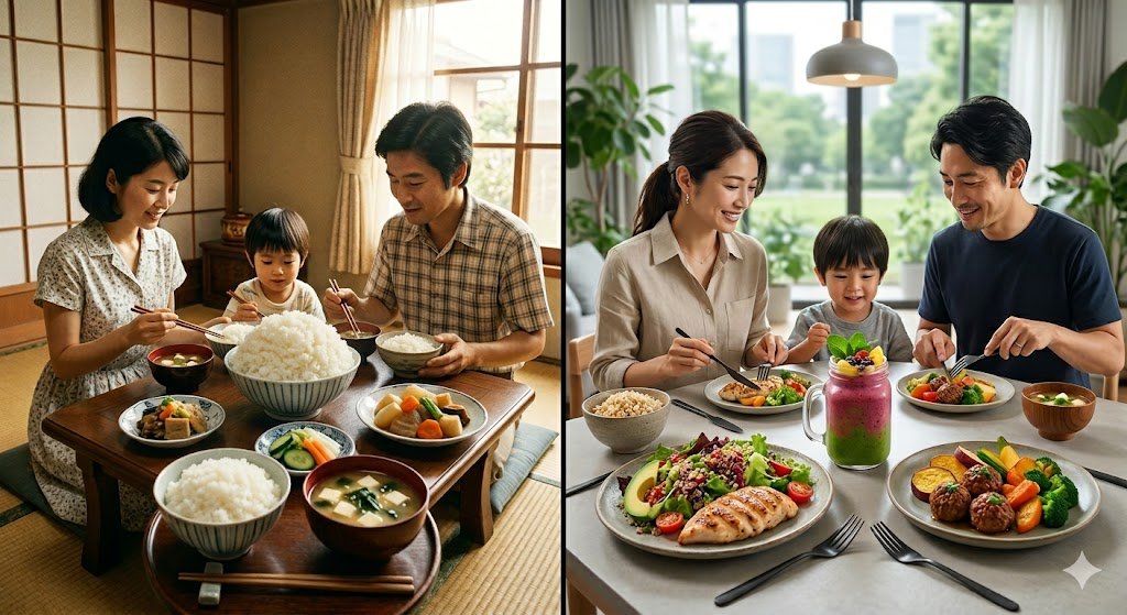 昭和の食事と令和の食事の画像